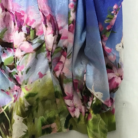 MUKZIN Women's Large Printed Floral Bunny Silky Puff Shoulder Blouse Art to Wear - Picture 6 of 11